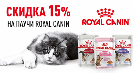 Скидка 15% при покупке паучей Royal Canin для кошек