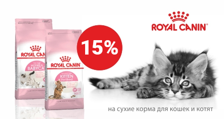 Скидка 15% на сухие корма Royal Canin для котят и кошек