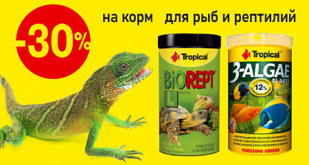 Скидка 30% на корм для рыб и рептилий Tropical
